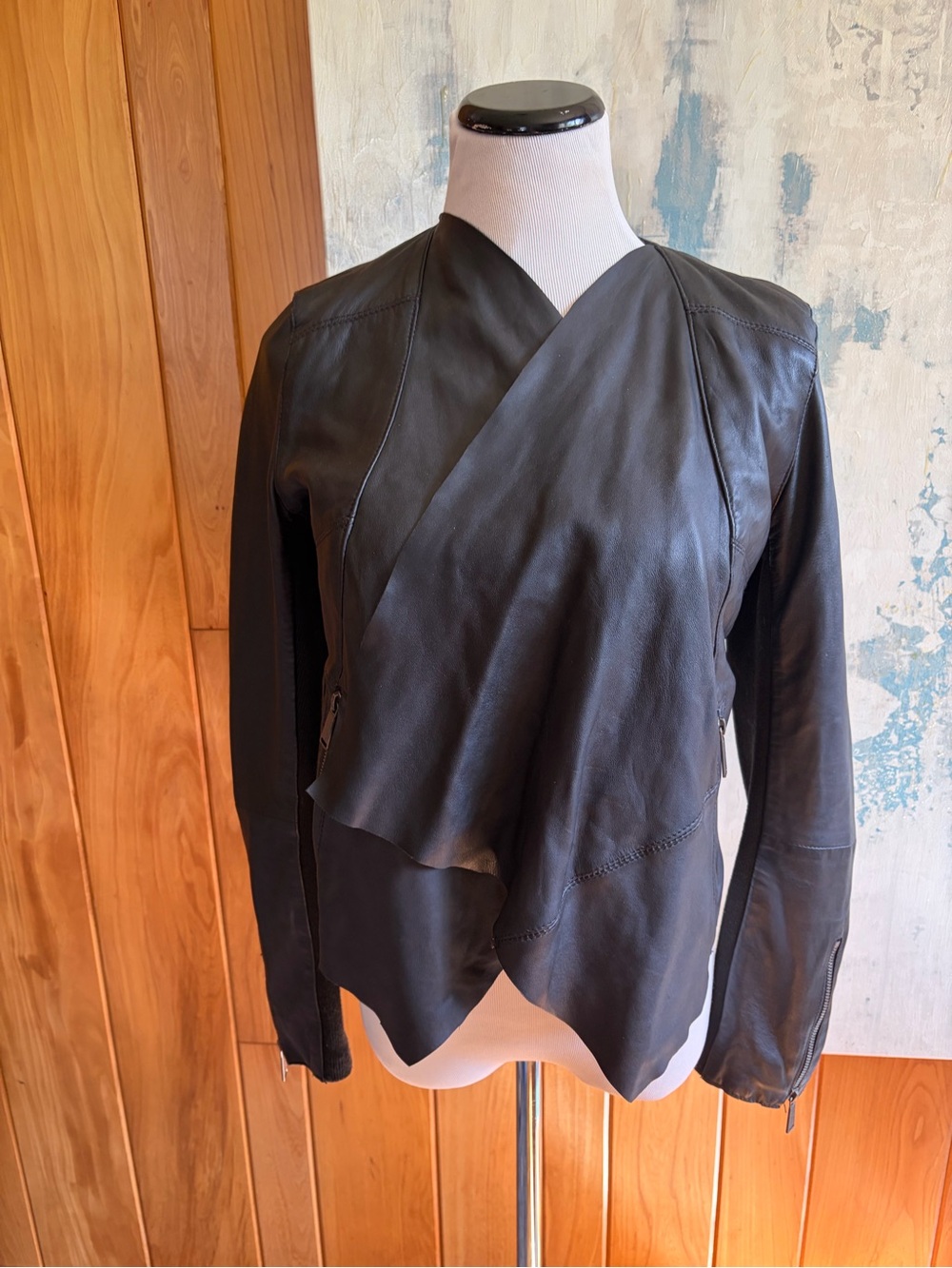 BCBGeneration Black Leather Asymmetrical Women’s Jacket Wrap / Drape Front Sz S.